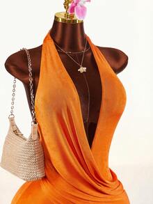 Amplova Women's Halter Neck Backless Dress, Sexy & Avant-Garde, Suitable For Dates & Parties, Draped Design - Baby Blue - View 12