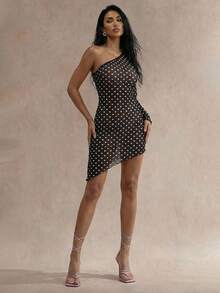 Glamine 女士夏季沙滩时尚单肩喇叭袖畅销黑白波点印花半透明连体衣 - 黑與白 - 查看 5