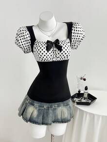 Elamini Women's Casual Minimalist Black & White Polka Dot Bowknot Fitted Short Sleeve T-Shirt, Summer - Black and White - View 3