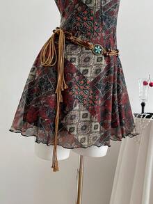 Elamini Đầm ngắn nữ kiểu vintage họa tiết hoa, thắt eo, không tay, viền bèo nhún, phong cách lãng mạn cho kỳ nghỉ biển, mùa xuân/hè. - Nhiều màu - Xem 5