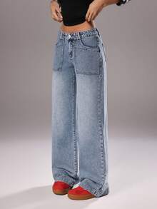 TRNVIE Fashionable Casual Retro Nostalgic Pocket Low-Waist Relaxed Fit Jeans - Medium Wash - View 3