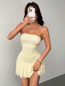 SHEIN PETITE Spring/Summer Solid Yellow Cream Strapless Ruched Bodycon Mini Dress With Ruffle Hem, Cute Summer Dress, Brunch Dress, Yellow Dress ,Summer Dress - Pale Yellow - View 5