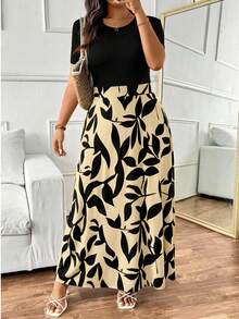 SHEIN Frenchy 大码休闲简约印花拼接修身长款连衣裙，针织面料，适合休闲度假、居家休闲穿着，绿色连衣裙 - 彩色 - 查看 5