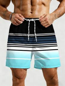 Manfinity Swimmode Pantalones cortos de playa para hombres con bolsillo, cintura con cordón y estampado de rayas de contraste - Multicolor - Ver 4
