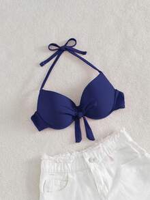 Swim Vcay 女士简约纯色扭结前开襟挂脖比基尼上衣，带钢圈，适合海滩度假 - 藏蓝色 - 查看 7