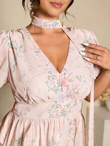 Cravure Plus Size Women's Floral Print Chiffon V-Neck Ruffle Puff Sleeve Maxi Dress Elegant Lady Outdoor Wear Vacation Pink Floral Summer - Pink - View 6
