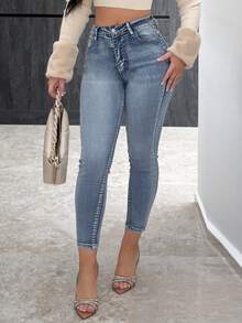 Vassilux Jean skinny stretch taille haute avec boutons décoratifs, effet usé Y2K, doublure thermique, avec poches, denim épais pour automne & hiver, pour femmes de petite taille - Jean clair - Voir 4