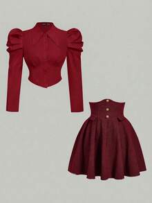 SHEIN MOD Plus Size Vintage Palace Style 2-Piece Set, Gigot Sleeve Shirt And High-Waisted Pleated Skirt, Stylish 2-Piece Outfit For Spring/Summer - Burgundy - View 9