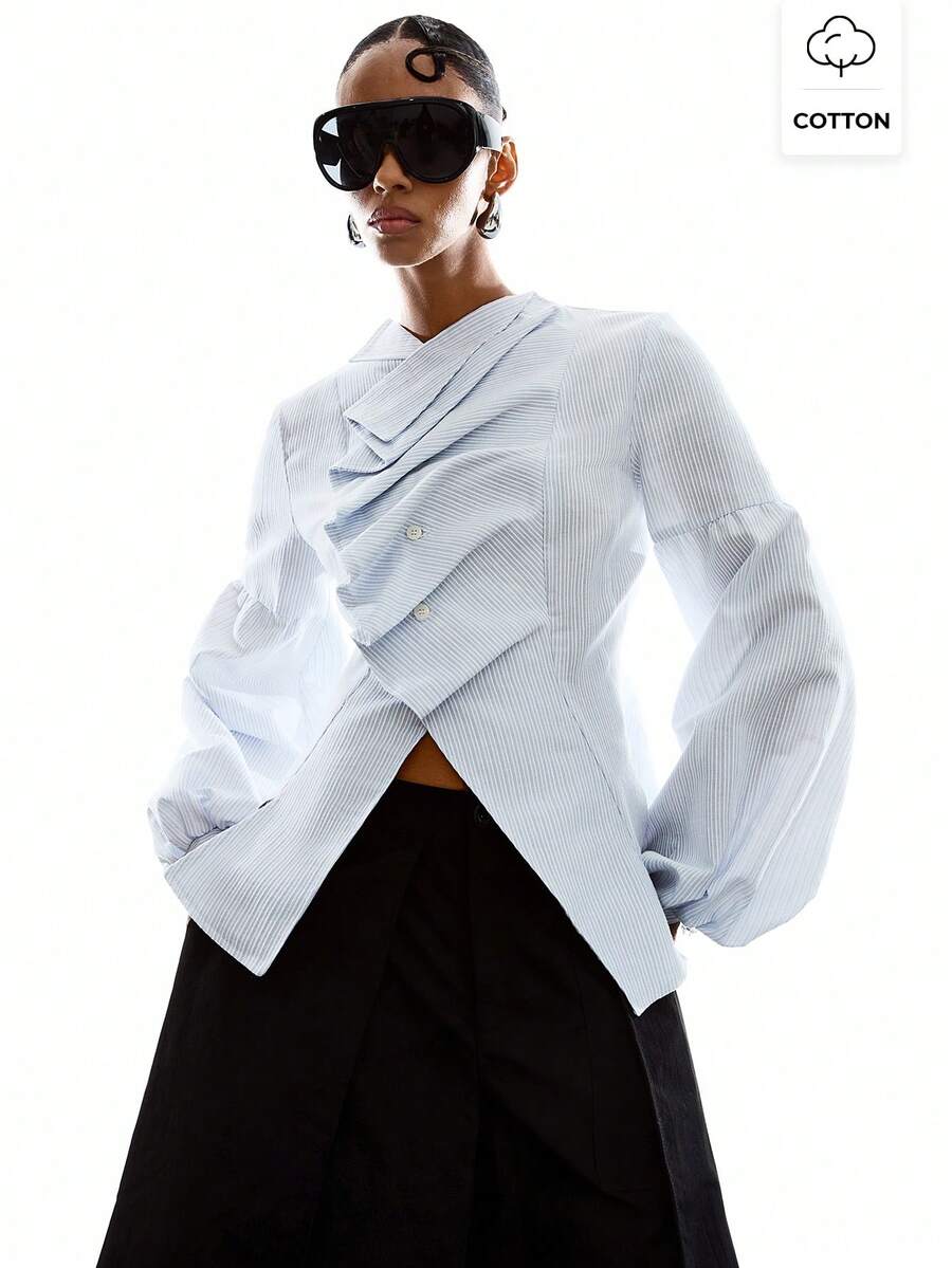 LYSMO 2026 New Arrive Minimalism Spring/Summer Women's Pleated Shoulder Lantern Sleeve Front Button Fashionable Blouse,Stylish Women's Blouses/Casual Blouses For Women,Striped/Casual - Multicolor - View 1