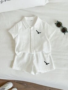 SHEIN 男婴夏季休闲白色衬衫和白色短裤两件套，适合生日派对、锐舞派对、晚宴、演出、婚礼、迎婴派对、洗礼和一周岁生日庆祝活动。 - 彩色 - 查看 10