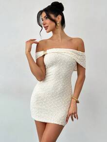 Firerie 女士优雅简约浪漫假日派对婚礼宾客伴娘生日聚会约会度假海滩露肩金属装饰针织纹理修身迷你连衣裙，杏色 - 杏色 - 查看 9