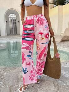 Sundraya Women's Ocean Life & Letter Print Elastic Waist Loose Wide Leg Pants, Suitable For Daily Wear, Commuting, Vacation And Island Trips - Multicolor - View 4