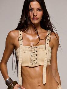 MUSERA 镂空系带前扣细节水洗牛仔露脐上衣，春夏性感约会夜店音乐节假日外出度假之选 - 卡其色 - 查看 3