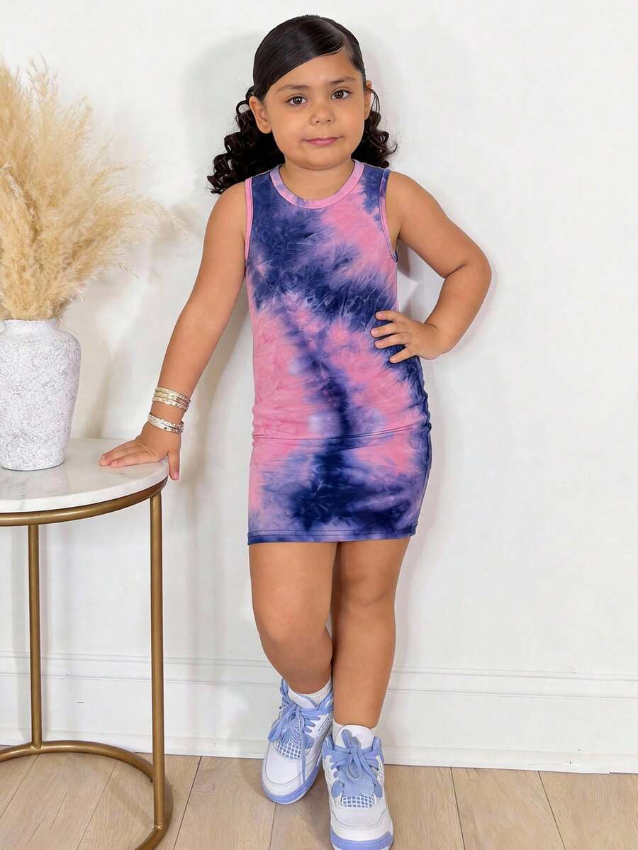 女童扎染星空印花修身针织连衣裙，时尚百搭，适合外出、姐妹合照、公园游玩、露营、度假和日常休闲穿着。 - 藍色 - 查看 1