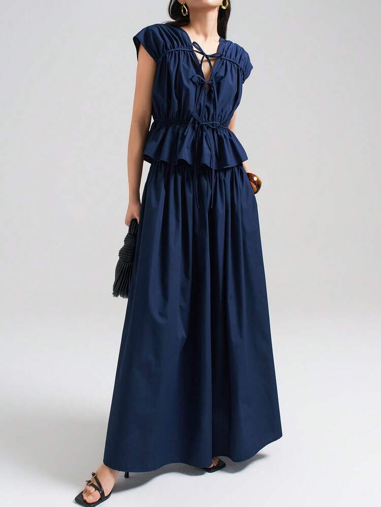 2026SS Women's 2-Piece Set,Navy Blue Solid Color Top And Skirt Casual Suit,Elegant,Summmer Business Retro Versatile Tea Party Graduation Ceremony