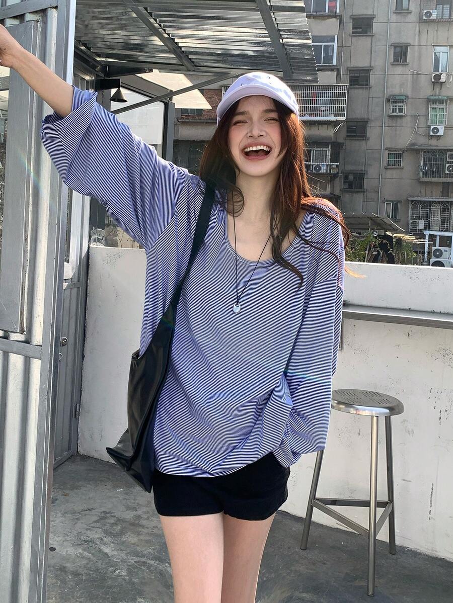 DAZY 女士蓝色条纹露背宽松长袖T恤 - 藍色 - 查看 1