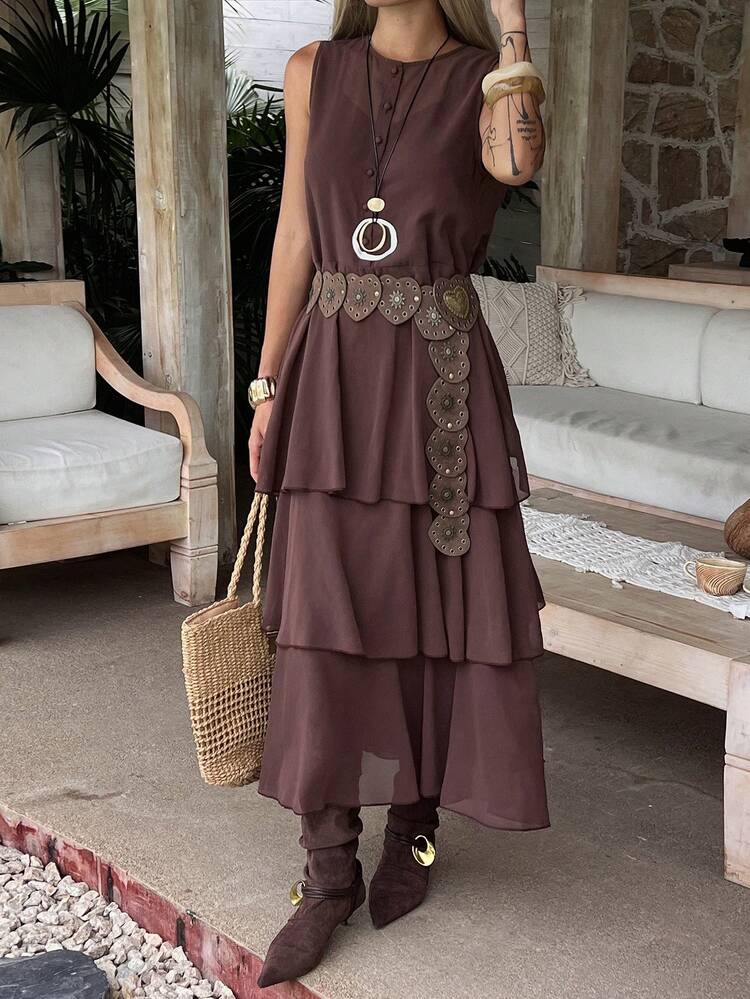 Women's Casual Minimalist Button Half-Placket Ruffle Hem Sleeveless Dress, Valentine Outfits For Women Maxi Dress Sundress