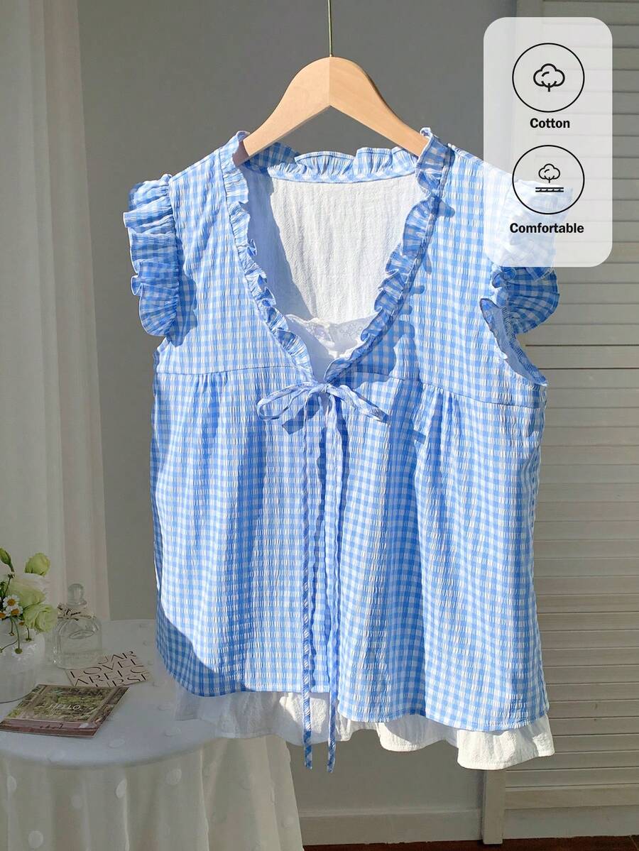 Comfortcana 2026 新款春夏时尚女式格子荷叶边系带衬衫,夏季女式上衣,沙滩外出优雅衬衫,女士度假休闲衬衫,Y2K 复古风上衣,2000 年代风格 - 彩色 - 查看 1