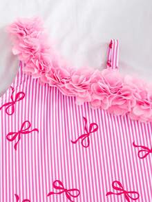 SHEIN Emery Rose Kids 小女孩可爱数码印花粉色蝴蝶结连体泳衣，适合海滩和泳池度假 - 淺粉色 - 查看 9