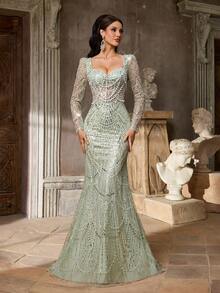 Aureia 优雅奢华的3D珠饰亮片刺绣薄纱长袖方领腰部网纱透视鱼尾长裙，适合约会、婚礼、毕业典礼、生日、舞会、晚宴和其他正式场合。 - 薄荷綠 - 查看 3