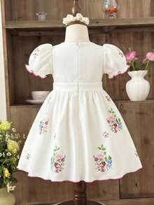 LMoss Kids Baby Girl Floral Print Puff Sleeve Dress - White - View 3