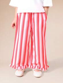 SUMWON Girls Love Print T-Shirt And Striped Wide Leg Pants Co-Ord Set With Short Sleeves And Ruffle Hem Details - Pink - View 3