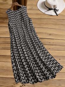 EMERY ROSE 大码女式夏季休闲度假印花无袖宽松连衣裙 - 黑色 - 查看 2