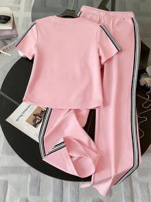 Resyla Conjunto de camiseta de mujer de cuello redondo de punto a rayas, estilo minimalista de moda, regalo para amigos - Rosa vieja - Ver 2