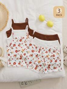 SHEIN Playful Pals 女婴休闲日常白色棕色碎花罗纹上衣和松紧腰短裤套装，舒适百搭可爱背带短裤套装 - 彩色 - 查看 8