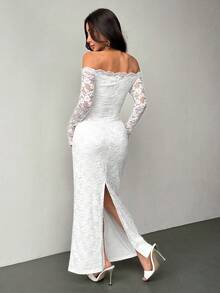 SHEIN PETITE Đầm ngắn tay dài trễ vai phối ren dành cho nữ, đầm hè, quần áo mùa xuân. - trắng - Xem 3