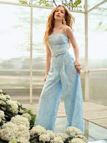 MOTF PREMIUM WOMEN'S ROMANTIC ELEGANT LACE BUCKLE BELTED BANDEAU JUMPSUIT, SPRING/SUMMER - Blue - View 1