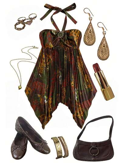 Sweetra Summer Vintage Print Sleeveless Top With Metal Decor, Asymmetrical Hem Pleated Halter Neck Tie Design, Plus Size