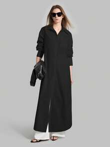 Ontre 2026SS New Women's Casual Loose Solid Color Vacation Matching Shirt, Black Long Shirt, Women's Shirt, Women's Button-Up Shirt, Commuting, Summer Business Casual Beach Party Dress, Teacher Outfit, Office Wear - Black - View 11