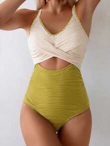 SHEIN Swim 女士连体泳衣，波浪纹性感欧美风保守交叉绑带沙滩泳装 - 彩色 - 查看 3