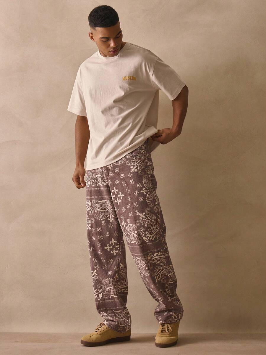 Musero Straight Leg All Over Paisley Print Jeans Seam Detail Denim Trouser Pants Spring Summer Essentials - Multicolor - View 1