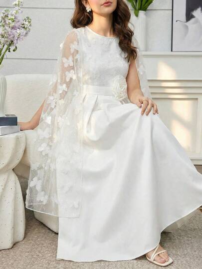 少女优雅网纱拼接3D立体花卉装饰派对连衣裙，夏季