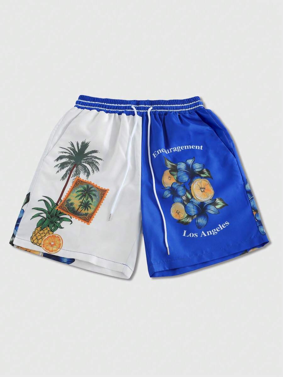 ROMWE MEN Casual Pantalones cortos tejidos con estampado para hombres, adecuados para primavera y verano - Azul - Ver 1