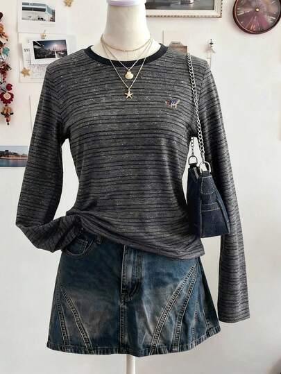 Lalippa 女士条纹圆领休闲宽松百搭上衣