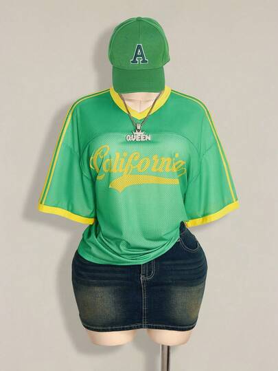 SHEIN ICON Plus Size Women's Retro Sexy Avant-Garde Bold Modern Fashion Millennial Style Y2K Sports Casual Sports Outfit Letter Print Yellow-Green Color Block V-Neck Loose T-Shirt