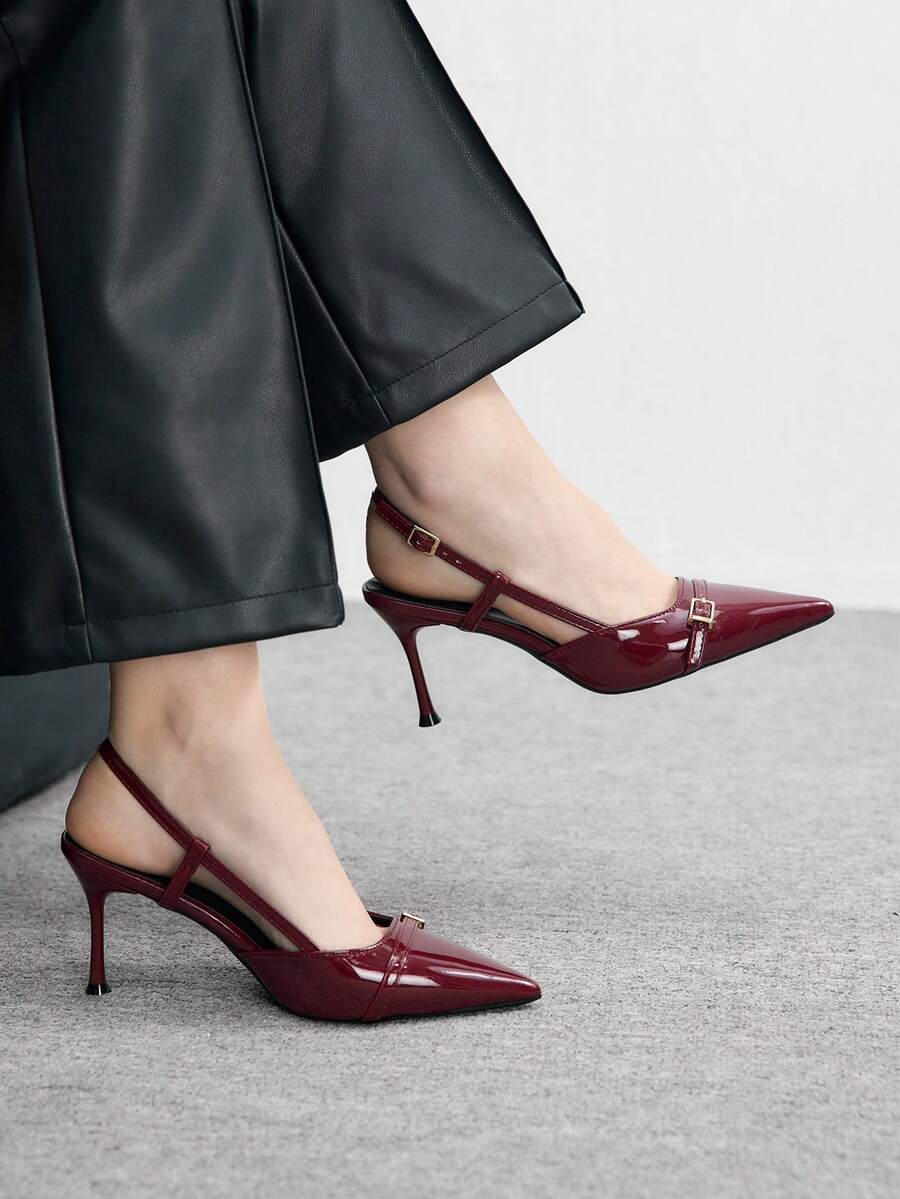 CUCCOO BIZCHIC Women's Pointed Toe Stiletto High Heel Versatile Burgundy All-Match Daily Wear Slingback Pumps - Burgundy - View 1