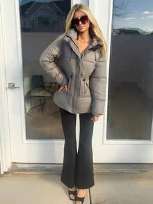 Sydney Algeri 时尚休闲可调节腰部绗缝中长款连帽加厚棉服外套女士冬季服装 - 灰色 - 查看 6
