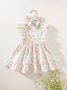 SHEIN 2pcs/Set Newborn Baby Girls Cute Summer Korean Sweet Princess Ditsy Floral Ruffle Bow Dress & Headband Set,Sleeveless High Waist A-Line Cake Dress - White - View 4