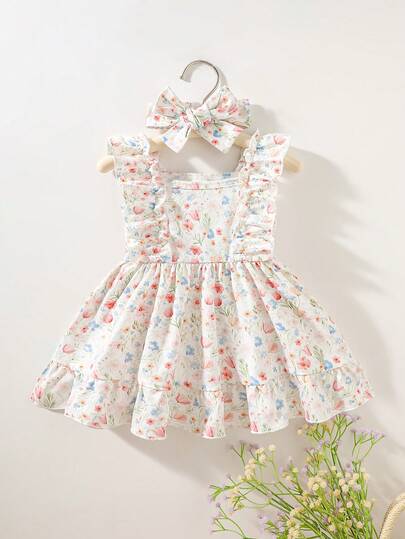 SHEIN 2件套新生女宝宝韩版甜美公主风碎花荷叶边蝴蝶结连衣裙及发带套装，针织碎花面料，柔软亲肤，无袖高腰A字裙摆，适合0-9个月宝宝，可用于洗礼、生日派对、婚礼、摄影、春夏等场合。