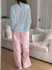 DAZY 2pcs/Set Women Cute Bear Pattern Loose Long Sleeve T-Shirt & Plaid Straight Long Pants Pajama Set, Spring - Blue - View 2