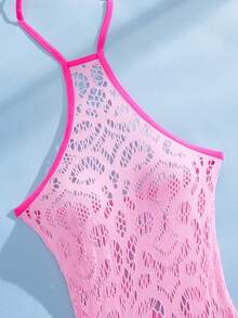 SHEIN Bộ 2 món đồ lót nữ gợi cảm, khoét lỗ, xuyên thấu, cổ yếm, kiểu băng quấn. - Hồng - Xem 3