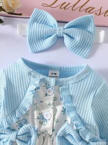 SHEIN 一套两件装，包括蓝色荷叶边碎花连衣裙和配套发带，适合新生女宝宝，优雅、甜美、可爱，适合秋季日常户外休闲活动。 - 藍色 - 查看 5