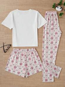 SHEIN Cute Pattern 3 Pieces Relaxing Lounge Set With Pocket Detailed - Pink - View 2