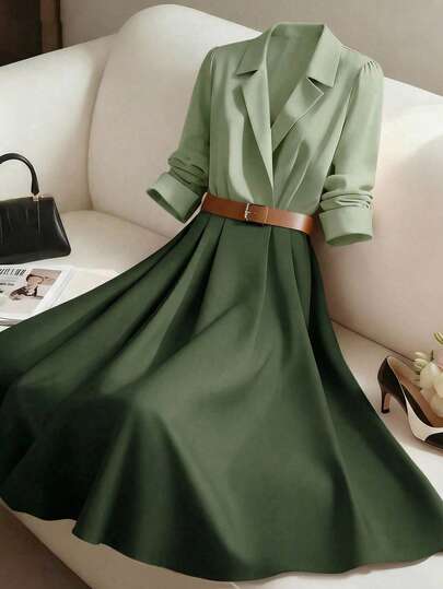 GlowEve Women's Color Block Waist Gathered A-Line Elegant Daily Commute Fashion French Street Retro Versatile Holiday Business Long Sleeve Shirt Dress, Autumn/Winter