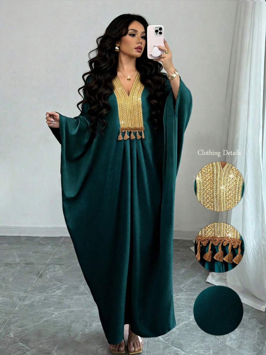 Elenzga Middle Eastern Style Loose Fit Linen Dress With Gold Collar - Dark Green - View 1