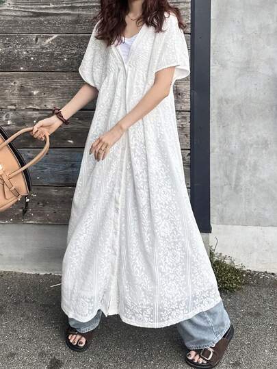 FRIFUL 女士V领宽松蕾丝度假风纯色衬衫